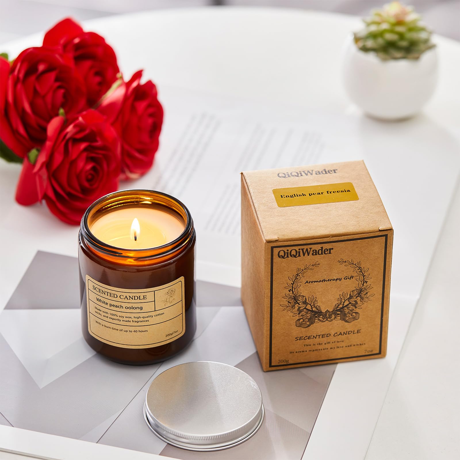 QiQiWader English Pear & Freesia candle for elegant glow.