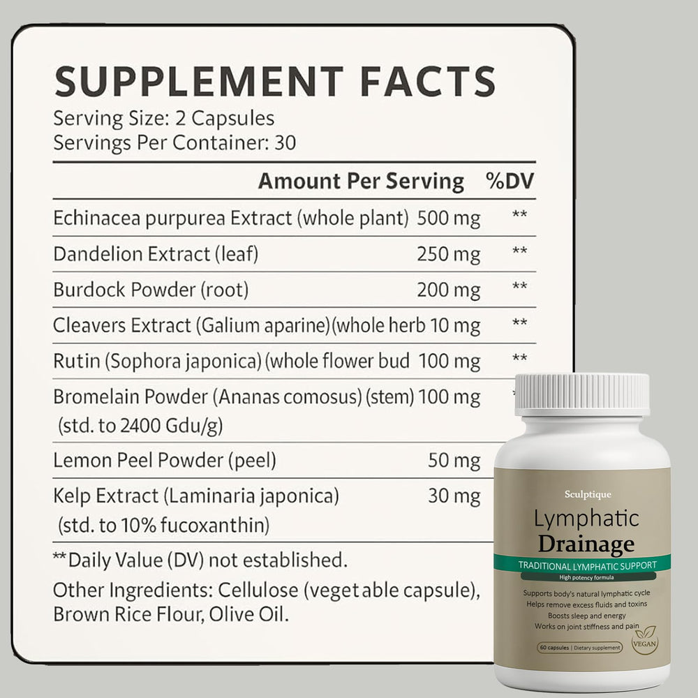 Qiuumey Sculptique label highlights dandelion, burdock, and kelp ingredients.