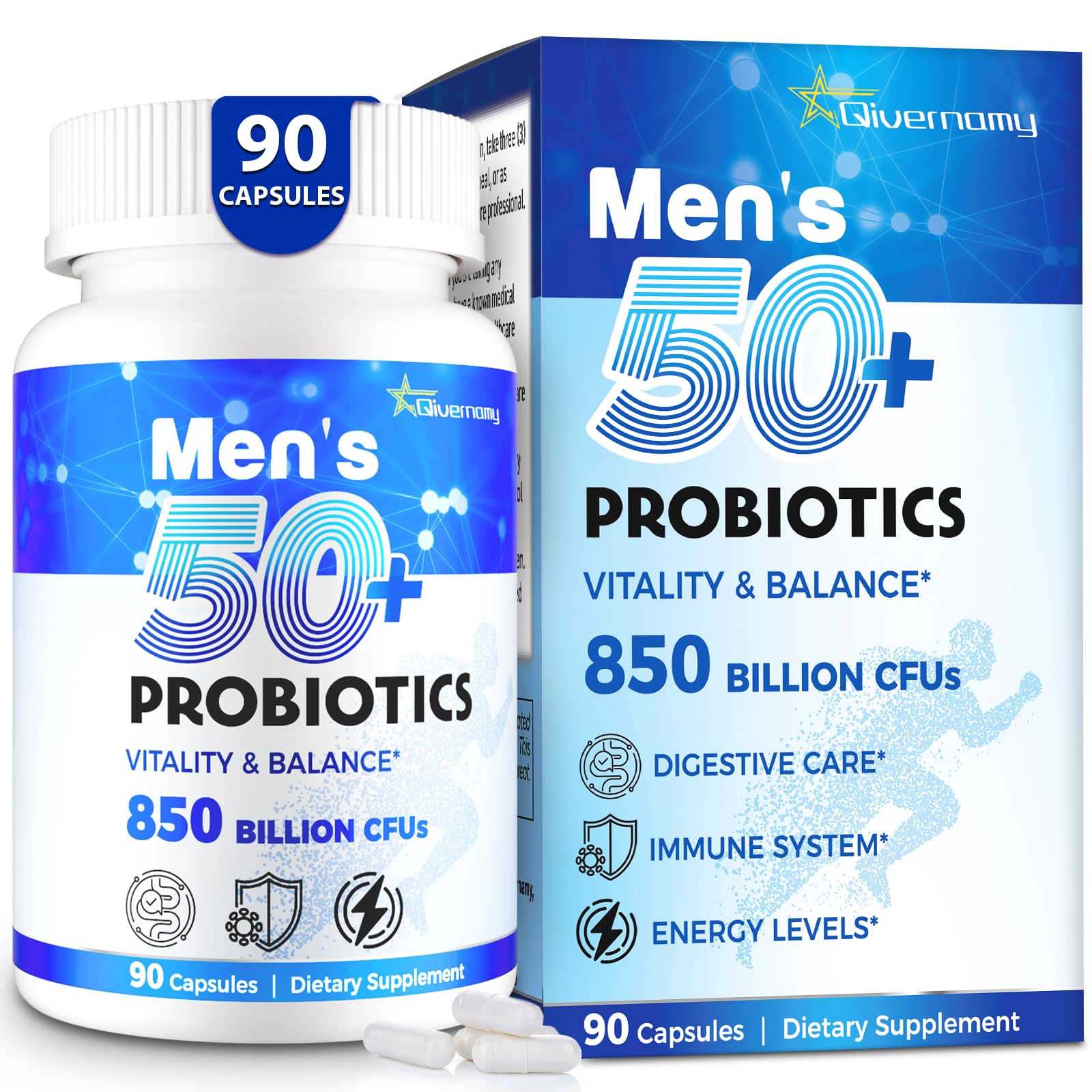 QIVERNAMY men's probiotic 50plus bottle shows high potency for gut support