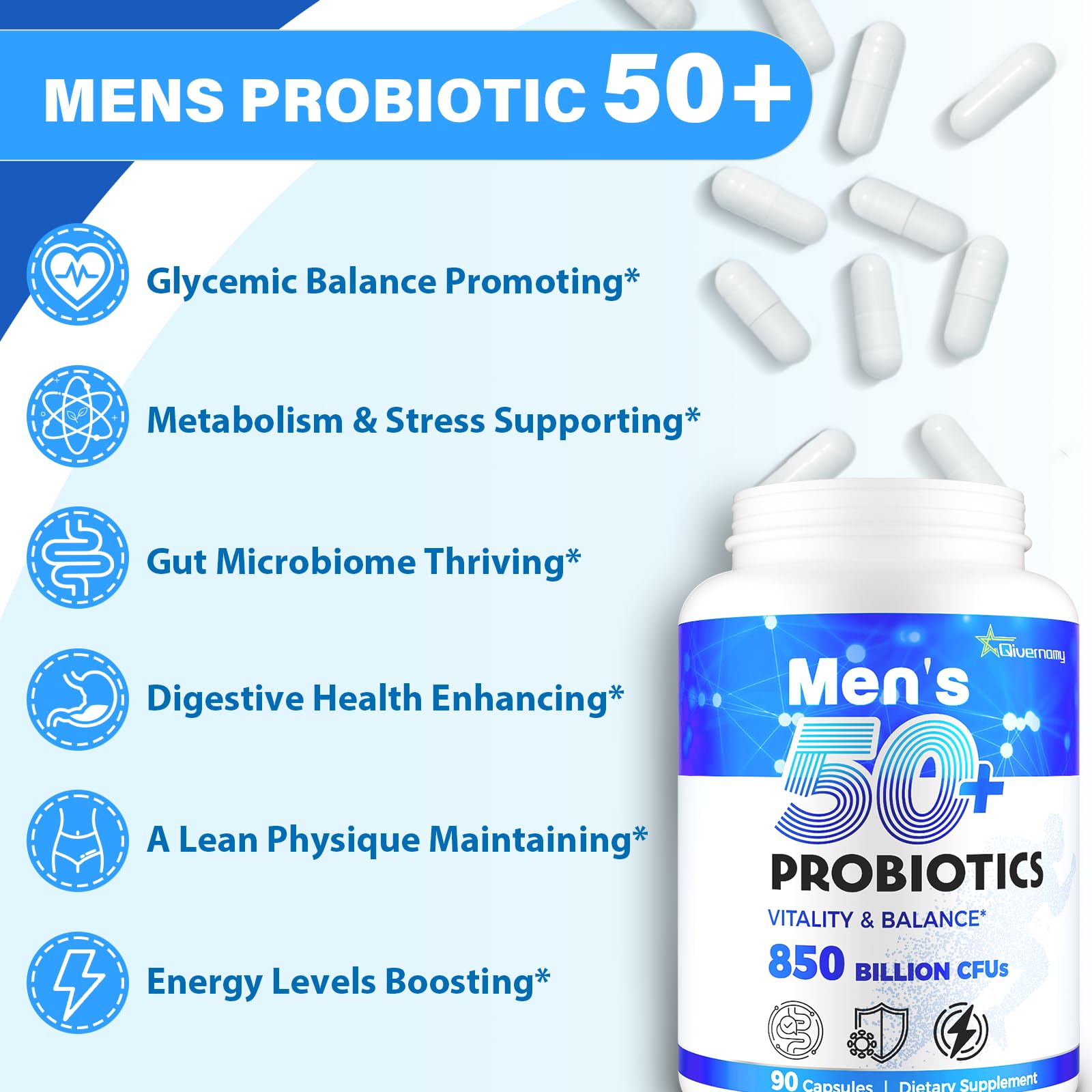 QIVERNAMY Probiotics 50+ daily use in gym bag context