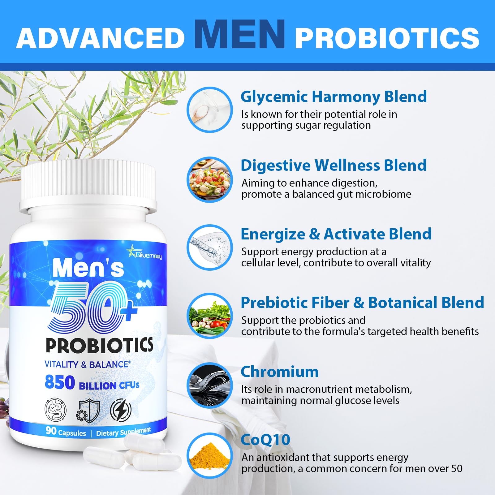 QIVERNAMY probiotics 50+ bottle pour shows easy on-the-go use