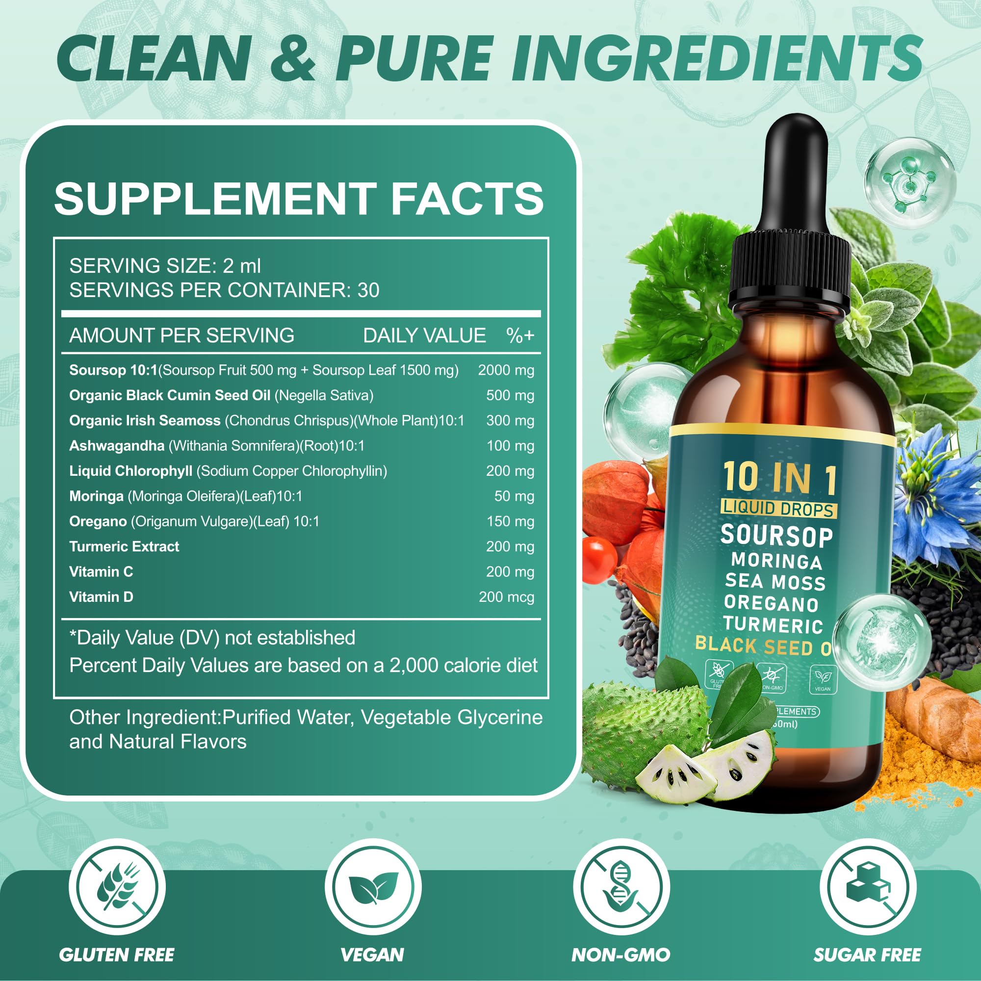 QIZFYZZ Soursop Bitters Drops ingredients include soursop and ashwagandha.