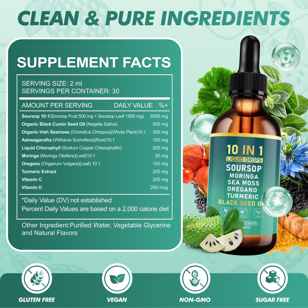 QIZFYZZ Soursop Bitters Drops ingredients include soursop and ashwagandha.