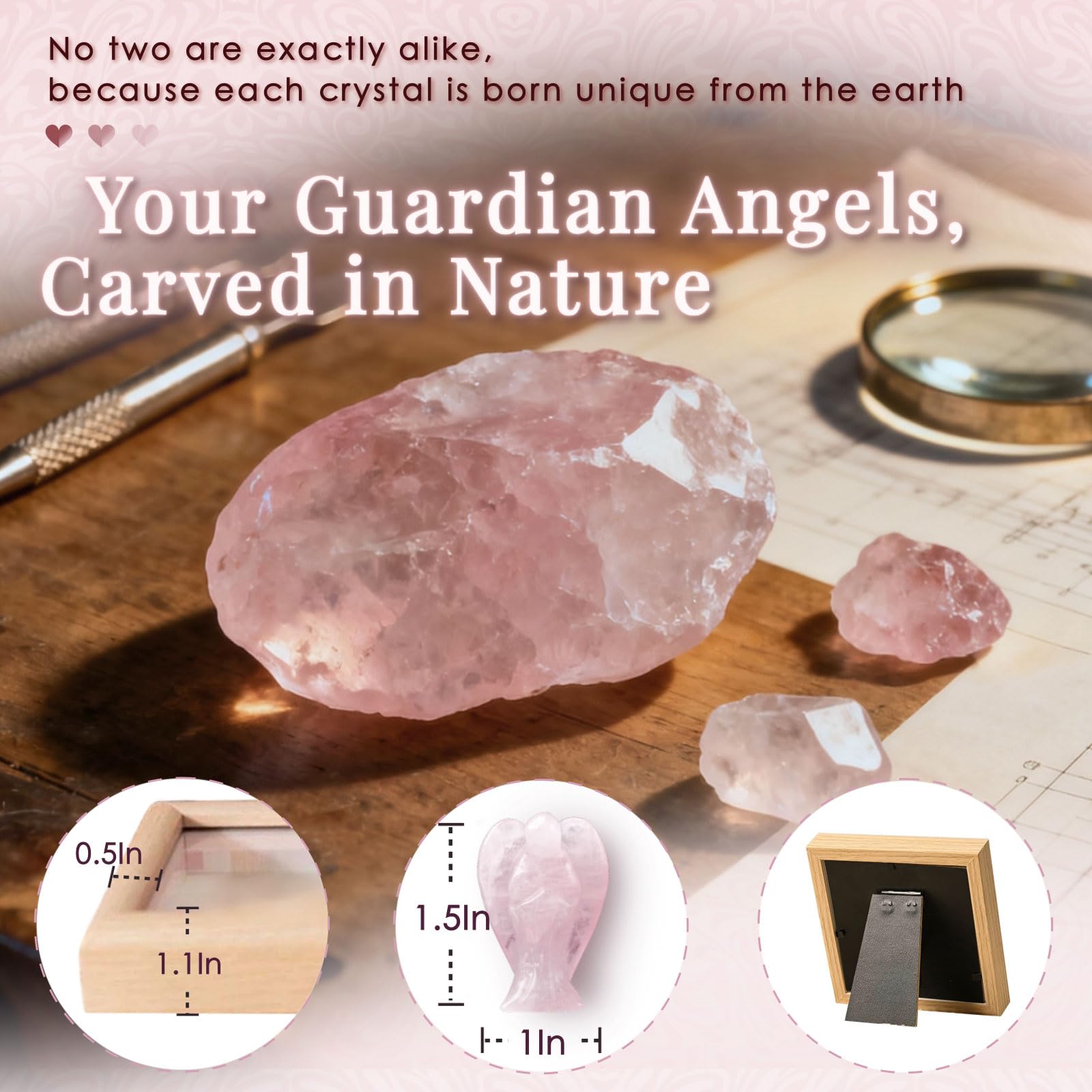 QIZHXPC rose quartz angel oak frame protects the crystal while keeping an elegant display