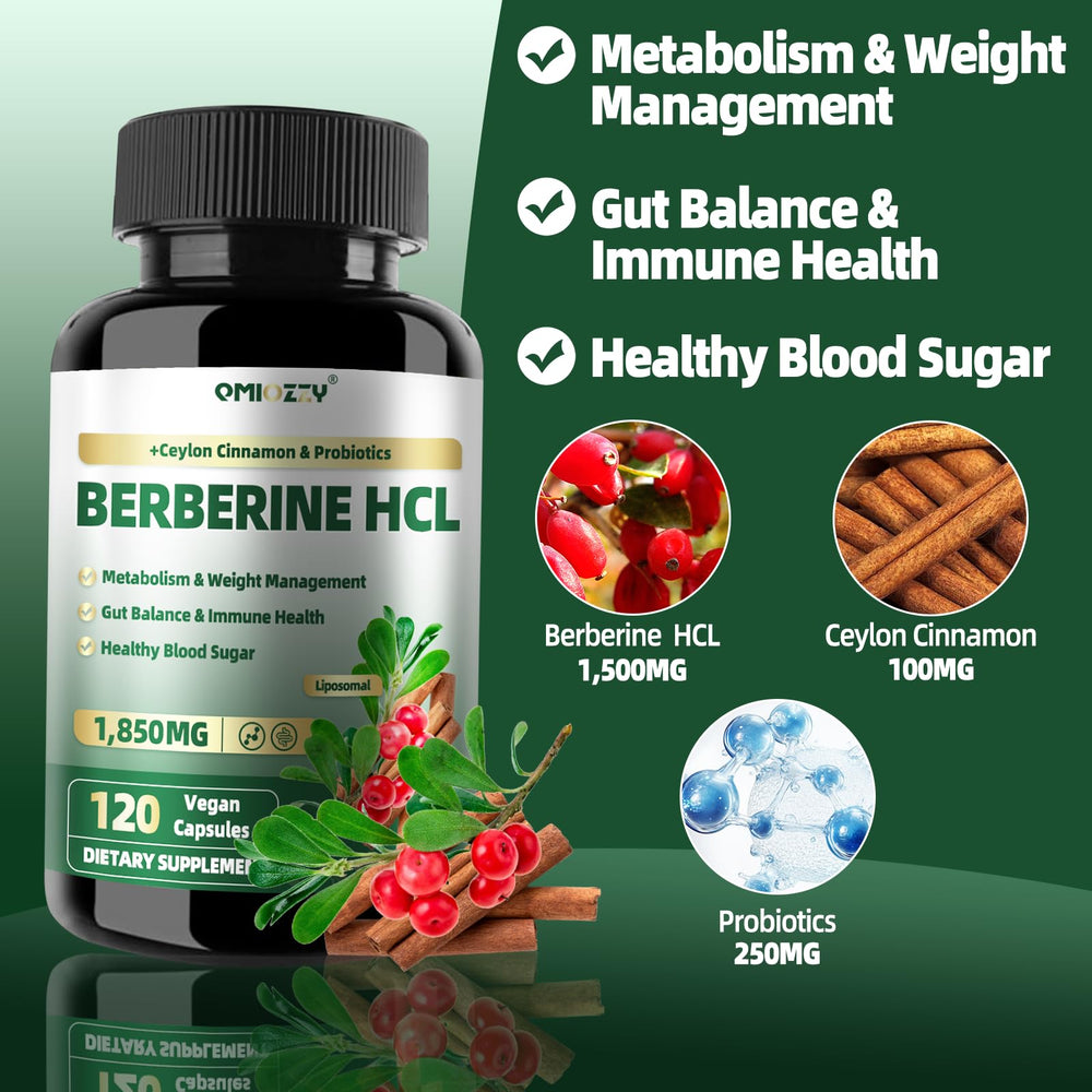 Qmiozzy berberine cinnamon probiotics bottle showing 3-in-1 formula.