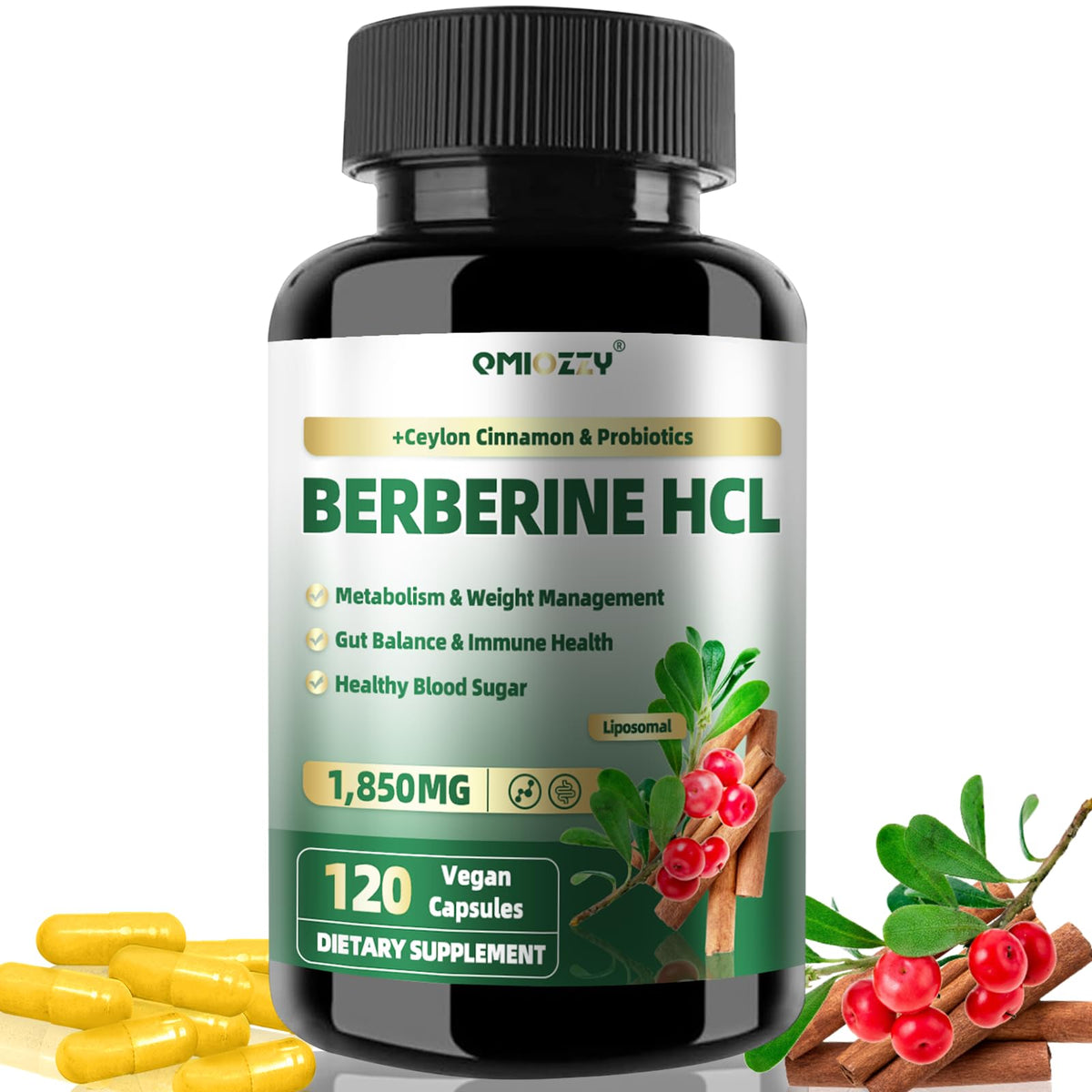 Qmiozzy berberine liposome capsules close-up for absorption.