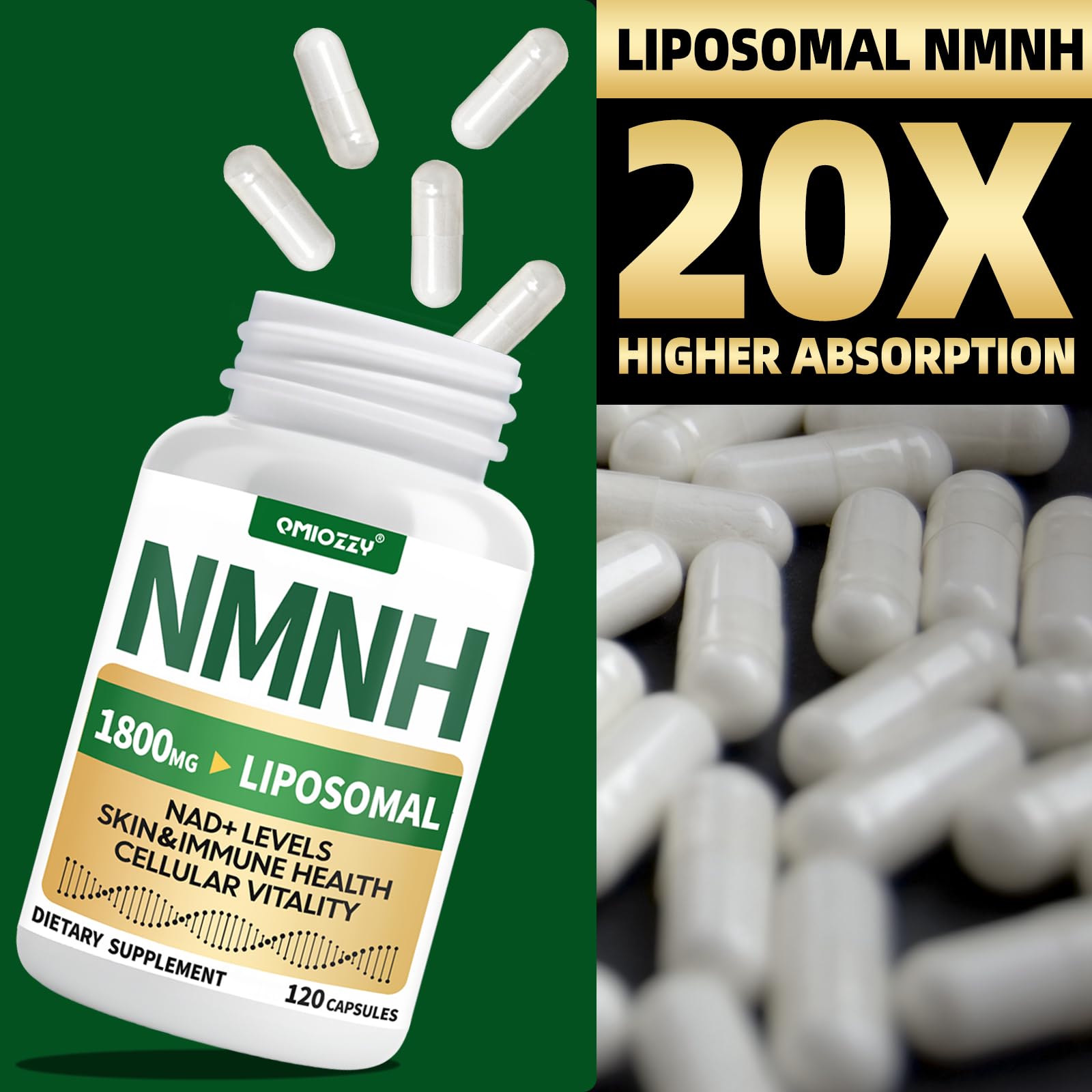 Qmiozzy NMNH liposomal encapsulation graphic showing improved bioavailability.