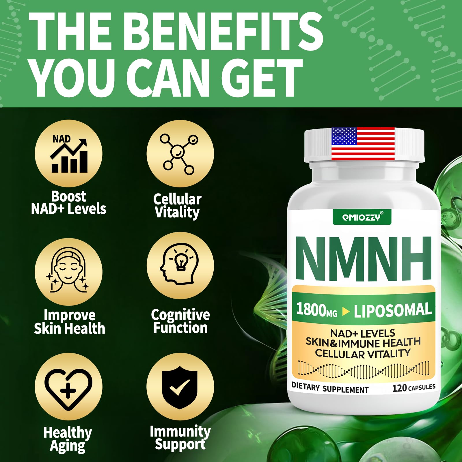 Qmiozzy NMNH with Resveratrol and Quercetin for antioxidant synergy.