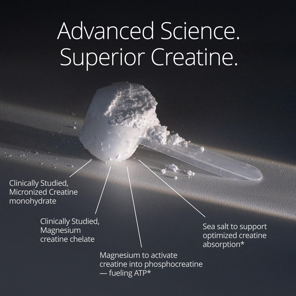 Qualia Creatine bottle-pour illustrates easy dosing for workouts
