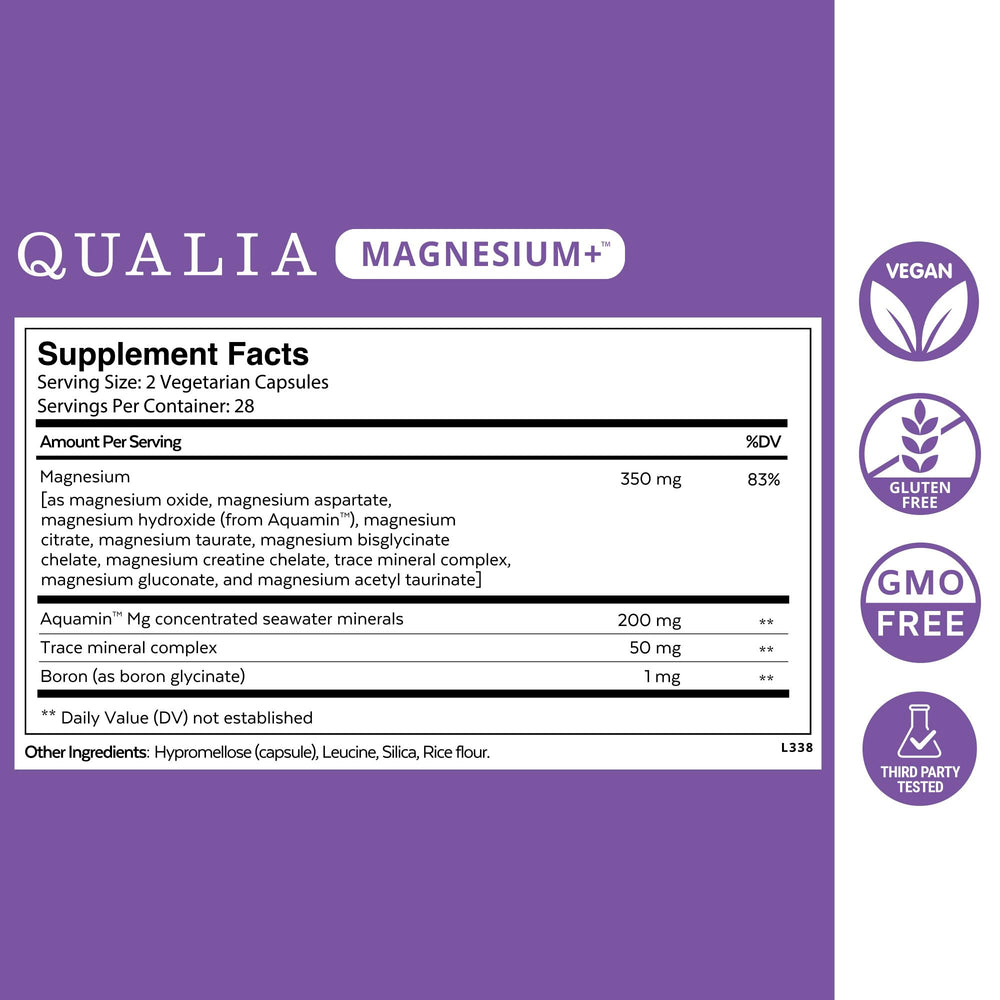 Qualia Magnesium+ capsules-closeup showing high-bioavailability blend