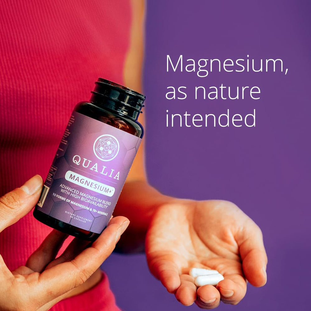 Qualia Magnesium+ science-formulation graphic suggests diverse magnesium forms for daily support