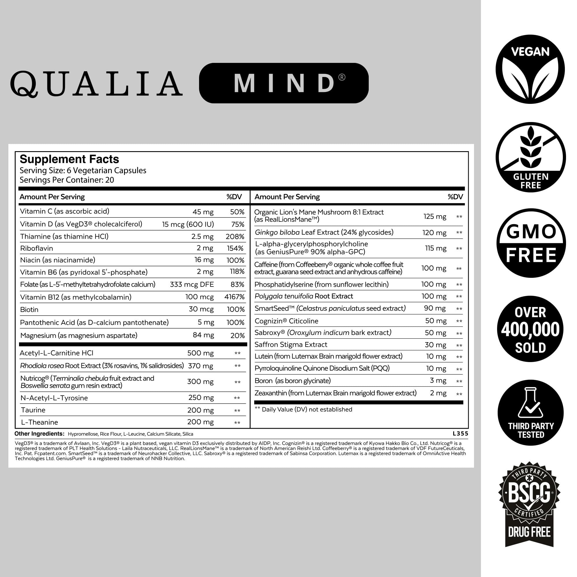 Qualia Mind bottle back view with ingredient highlights and vegan formula
