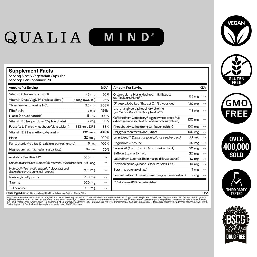 Qualia Mind bottle back view with ingredient highlights and vegan formula