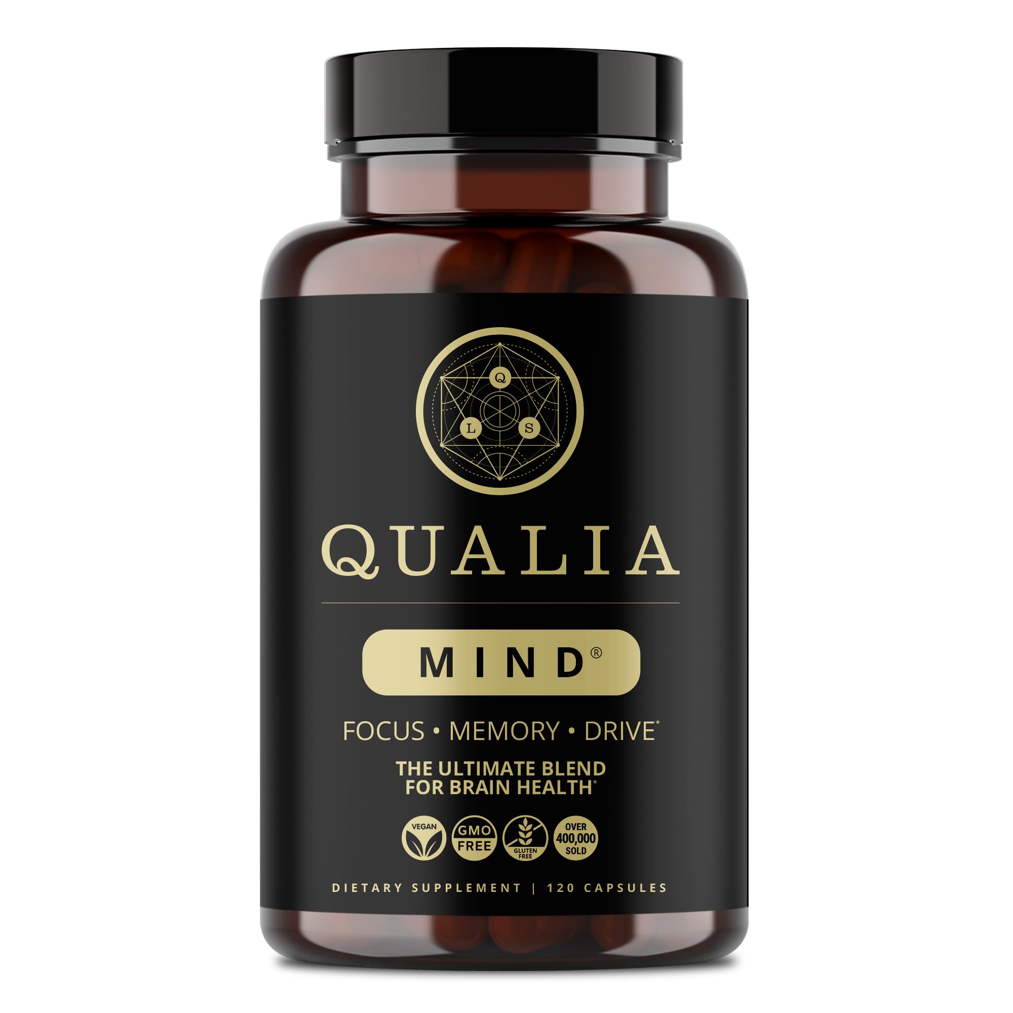 Qualia Mind bottle closeup highlighting focus-boosting blend
