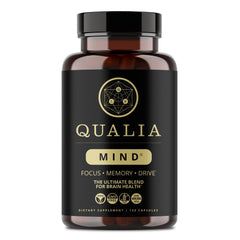 Qualia Mind bottle on desk promoting daily focus and productivity