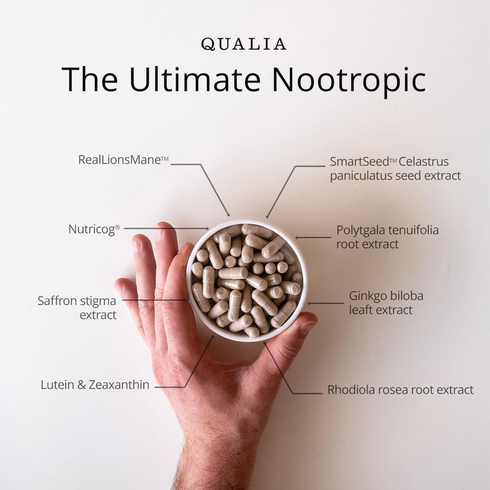 Qualia Mind brand logo on packaging emphasizing transparent brain nourishment.