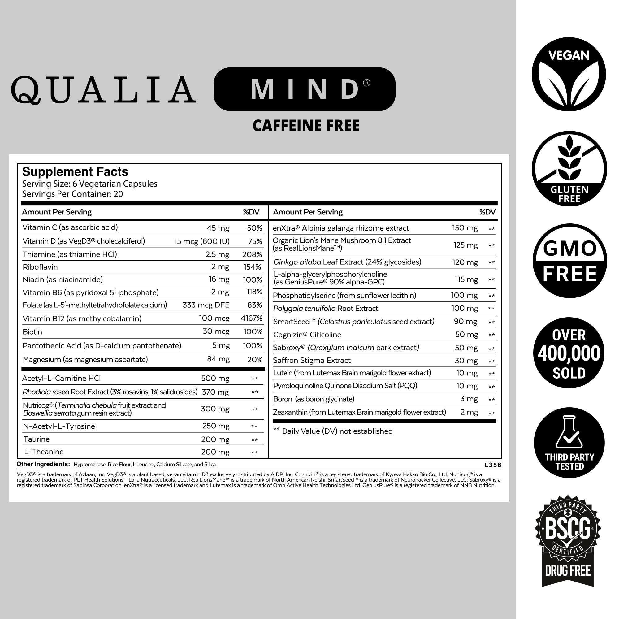 Qualia Mind Caffeine Free packaging showcases non-GMO, premium nootropic blend.