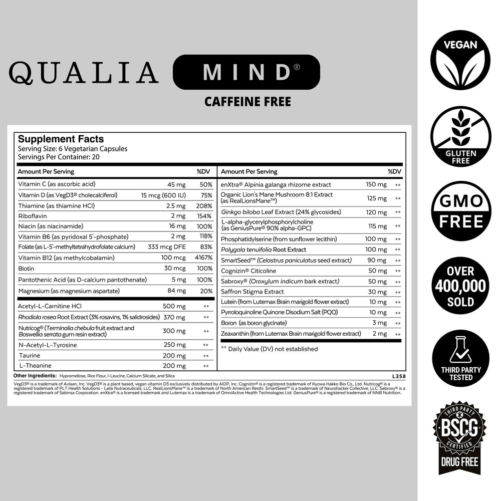 Qualia Mind Caffeine Free packaging showcases non-GMO, premium nootropic blend.