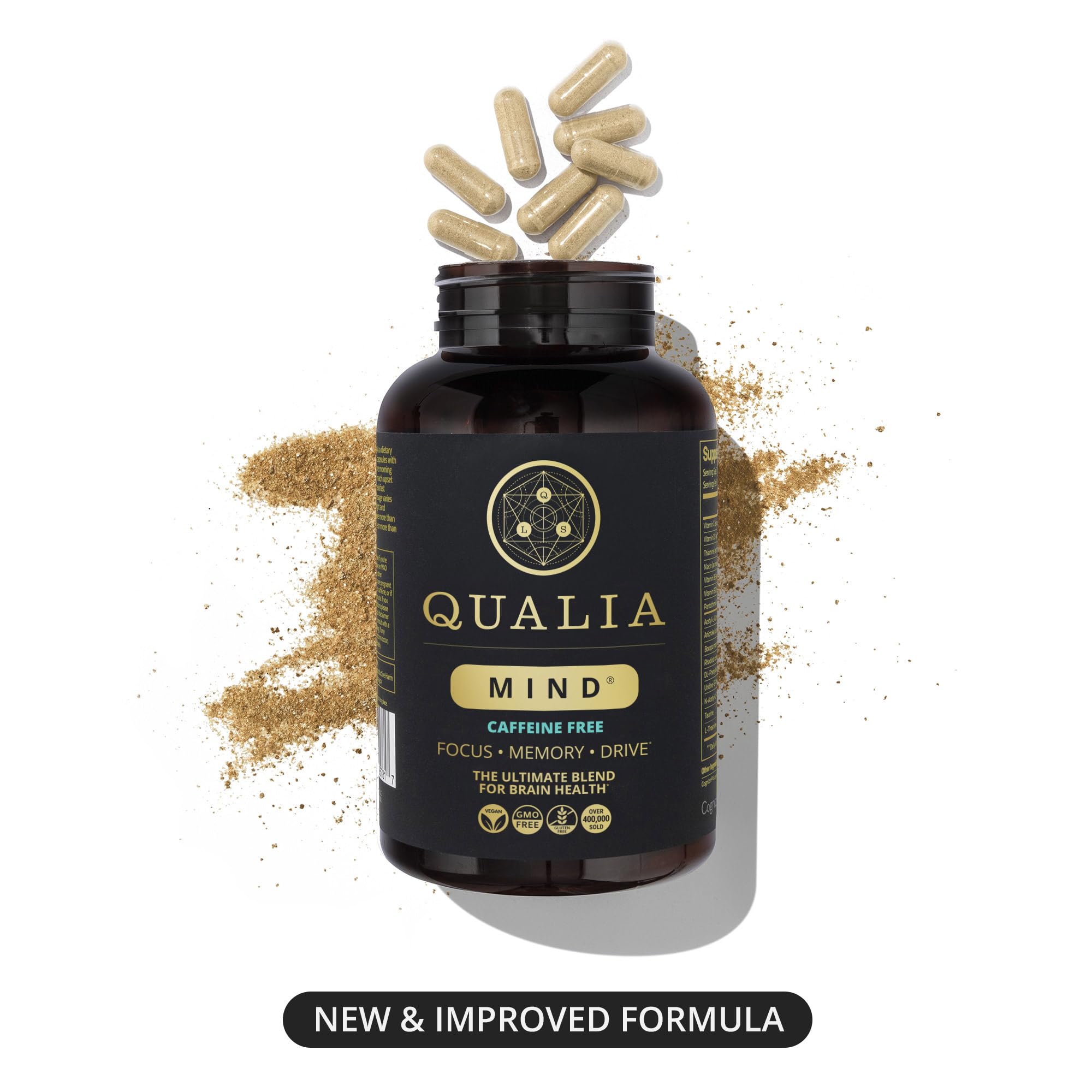 Qualia Mind Caffeine Free supplement notes highlight science-backed brain support.