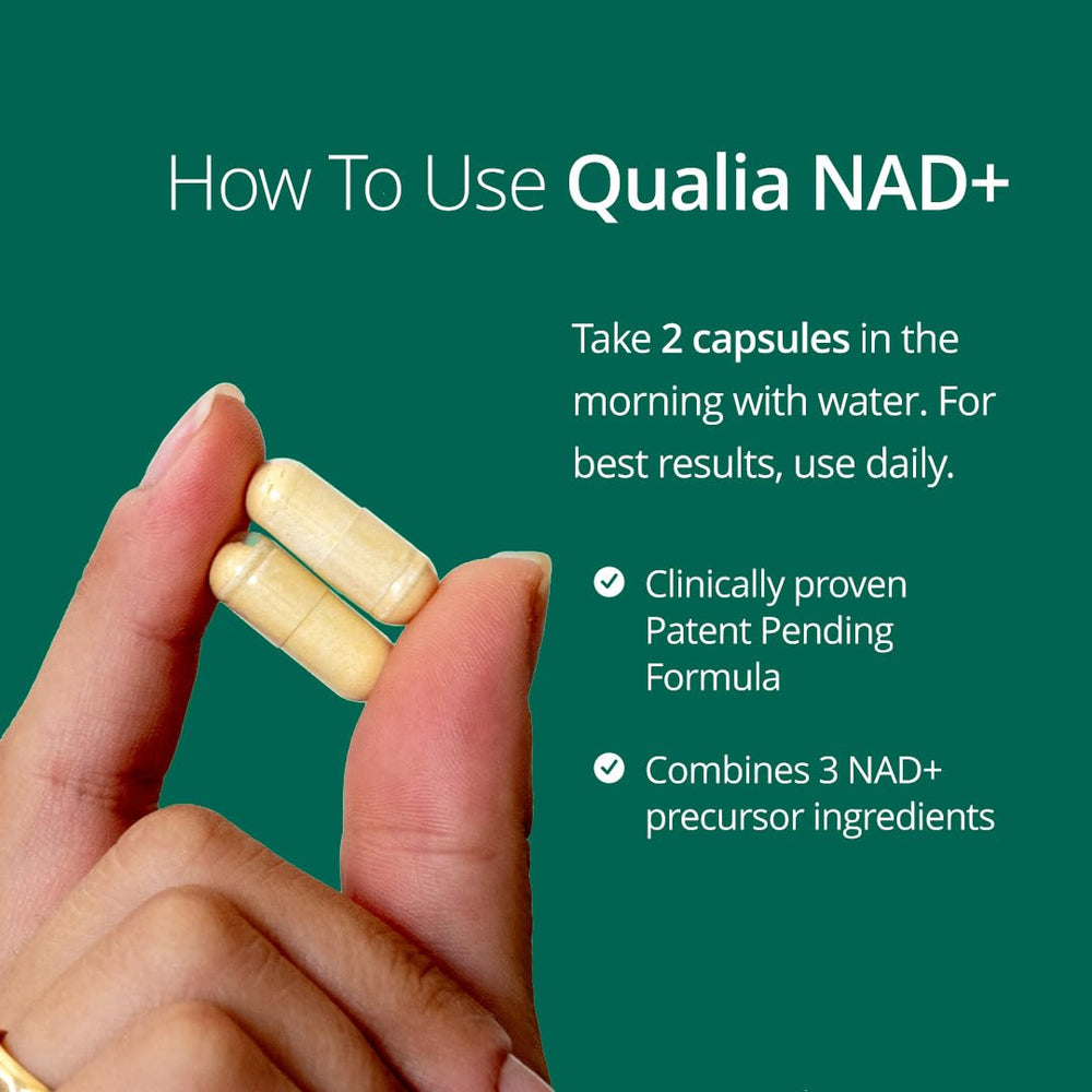 Qualia NAD bottle features Aquamin marine magnesium for mineral support.