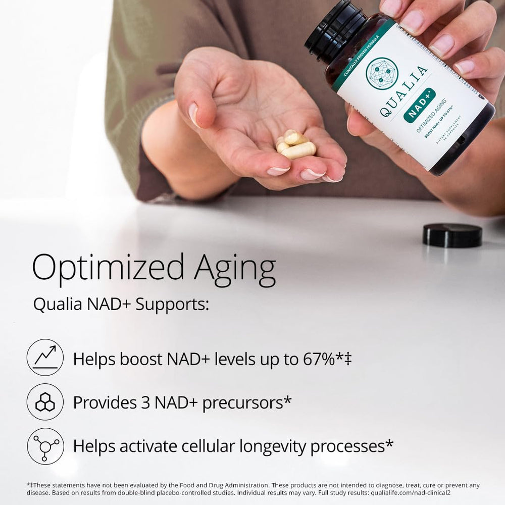 Qualia NAD capsules close-up highlights NR, niacin, and niacinamide ingredients.