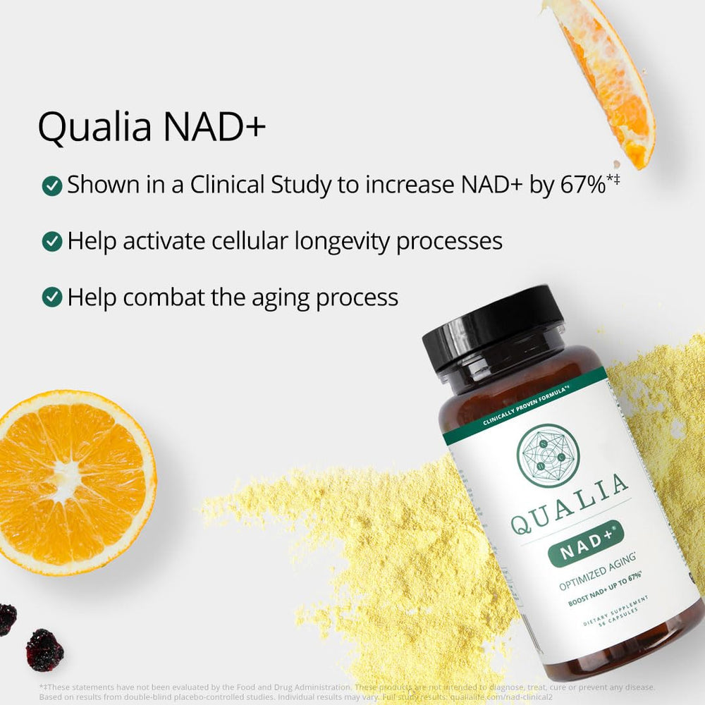 Qualia NAD ingredients graphic outlines three NAD+ precursors and boosters.