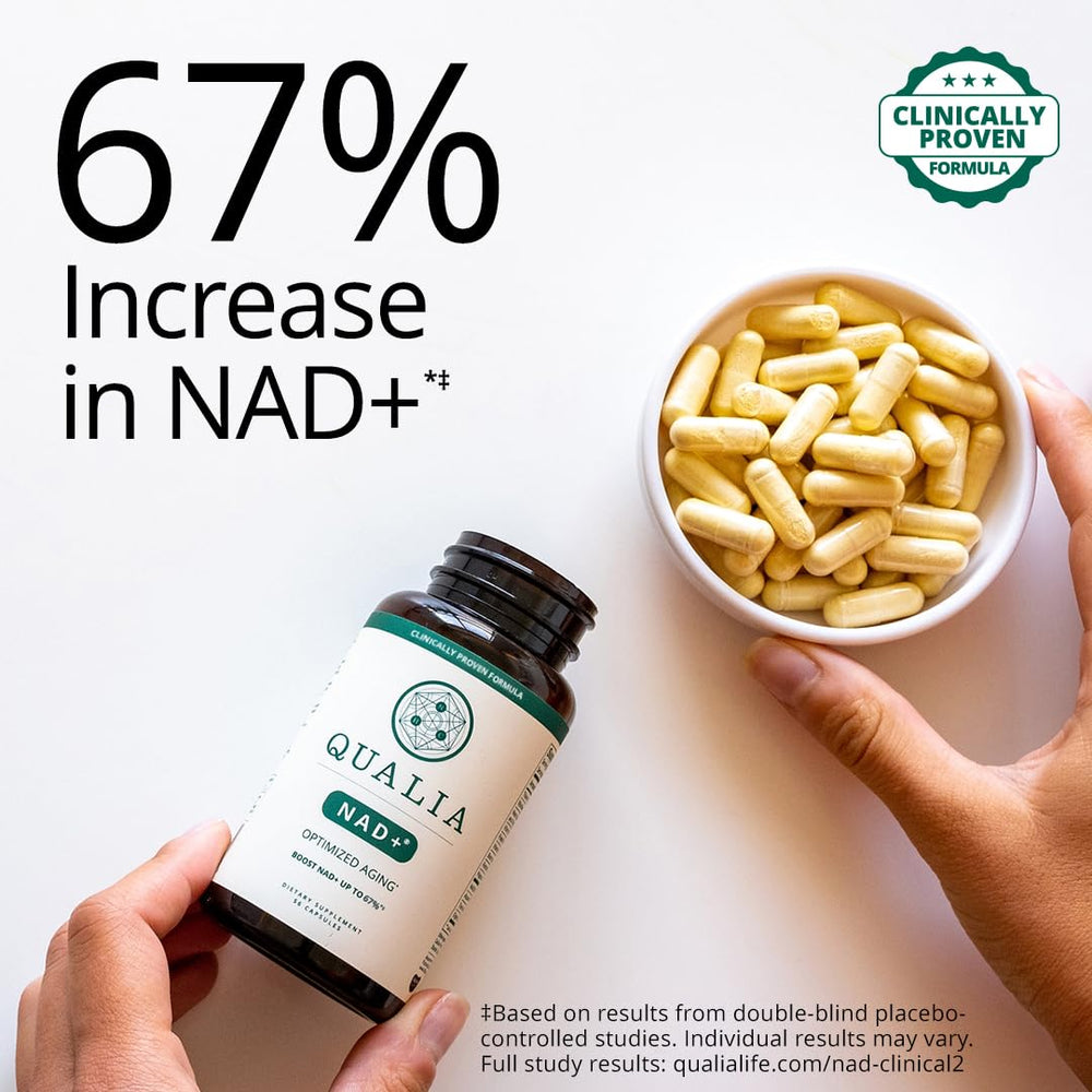 Qualia NAD label detail emphasizes vegan, non-GMO, and gluten-free formulation.