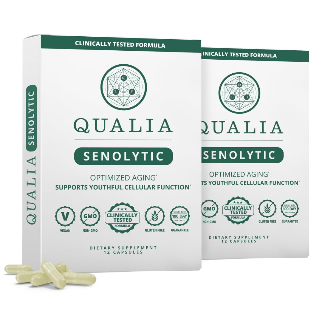 Qualia Senolytic bottle front showing packaging for aging support