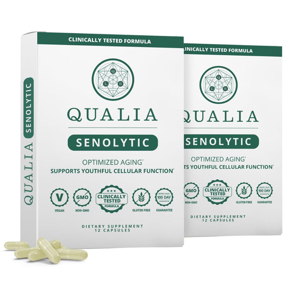 Qualia Senolytic bottle front showing packaging for aging support