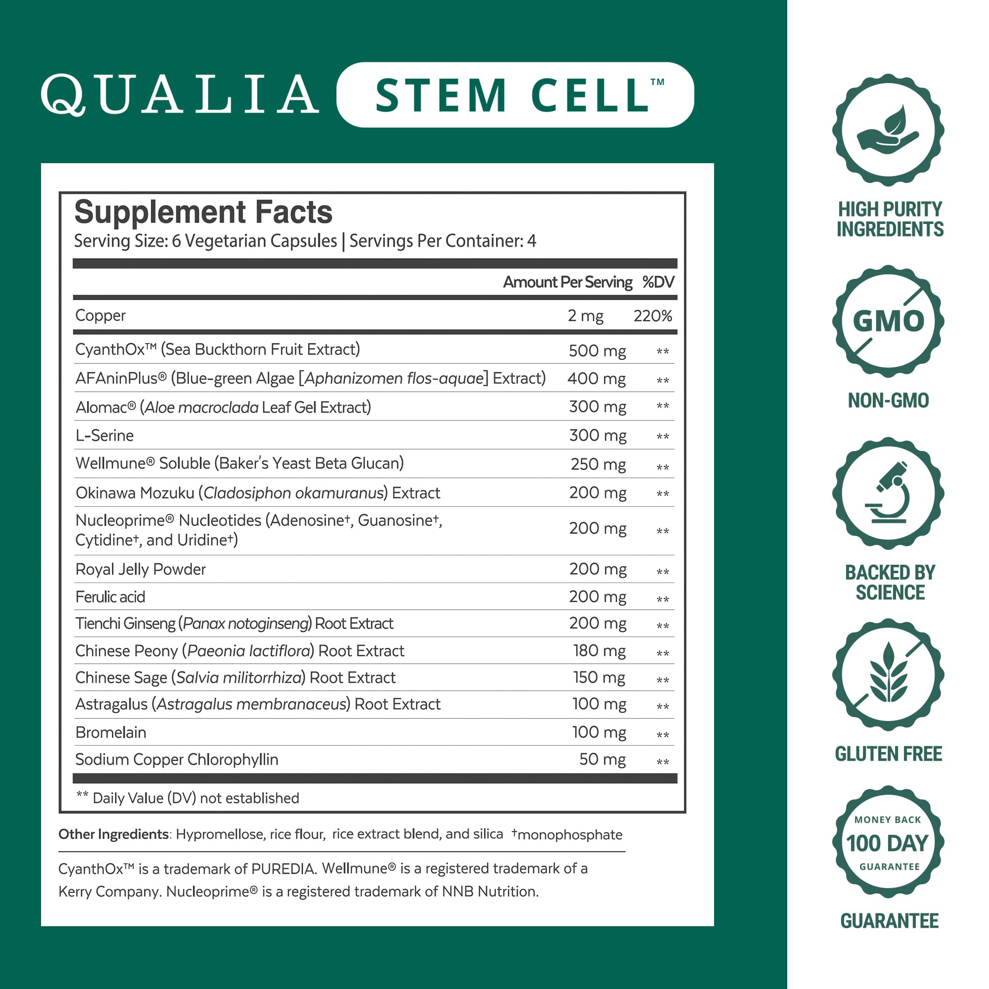 Qualia Stem Cell: ingredientes clave visibles para apoyo nutricional diario.