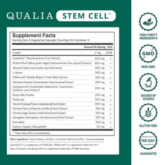 Qualia Stem Cell: ingredientes clave visibles para apoyo nutricional diario.
