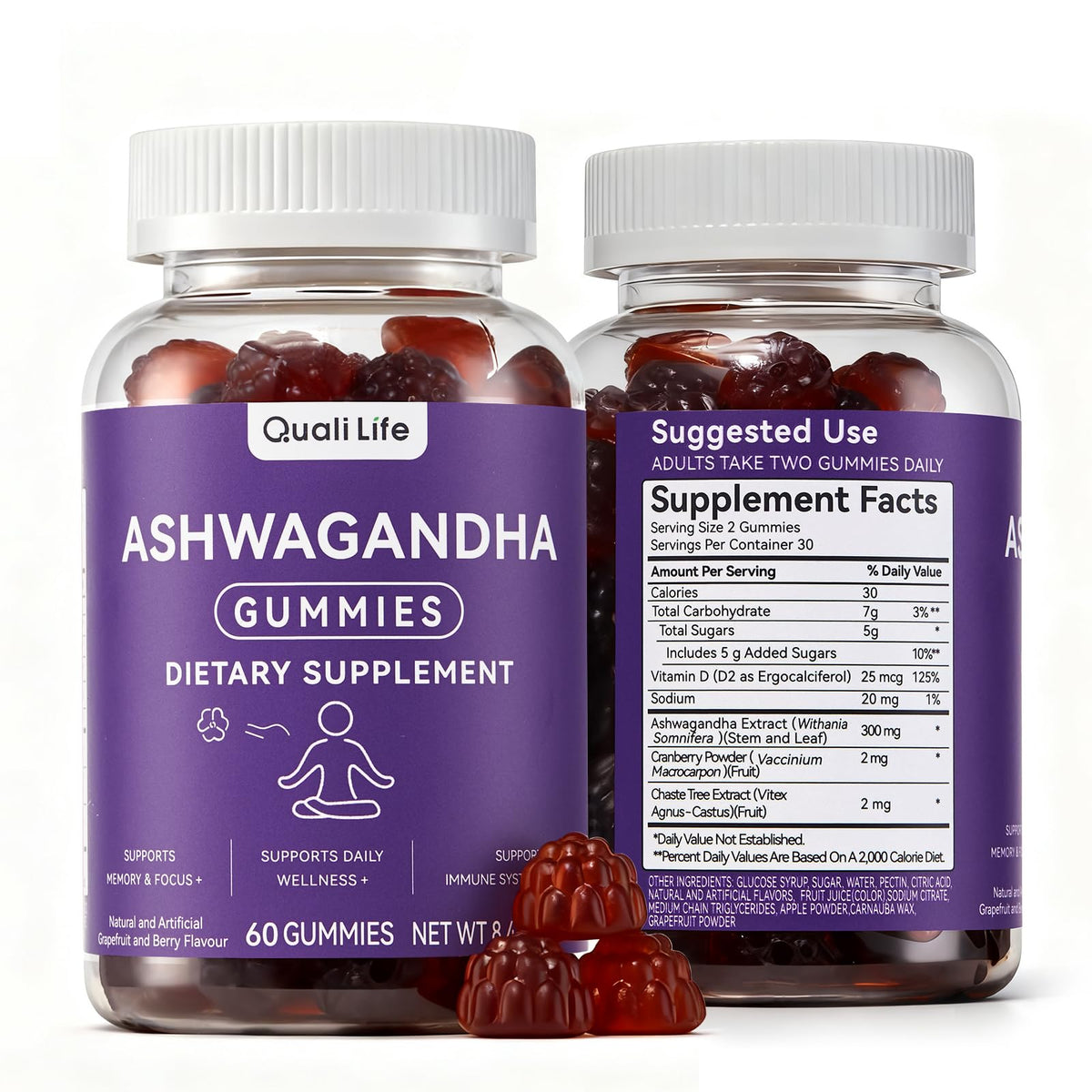 QualiLife Ashwagandha Gummies bottle on kitchen counter for daily calm and routine
