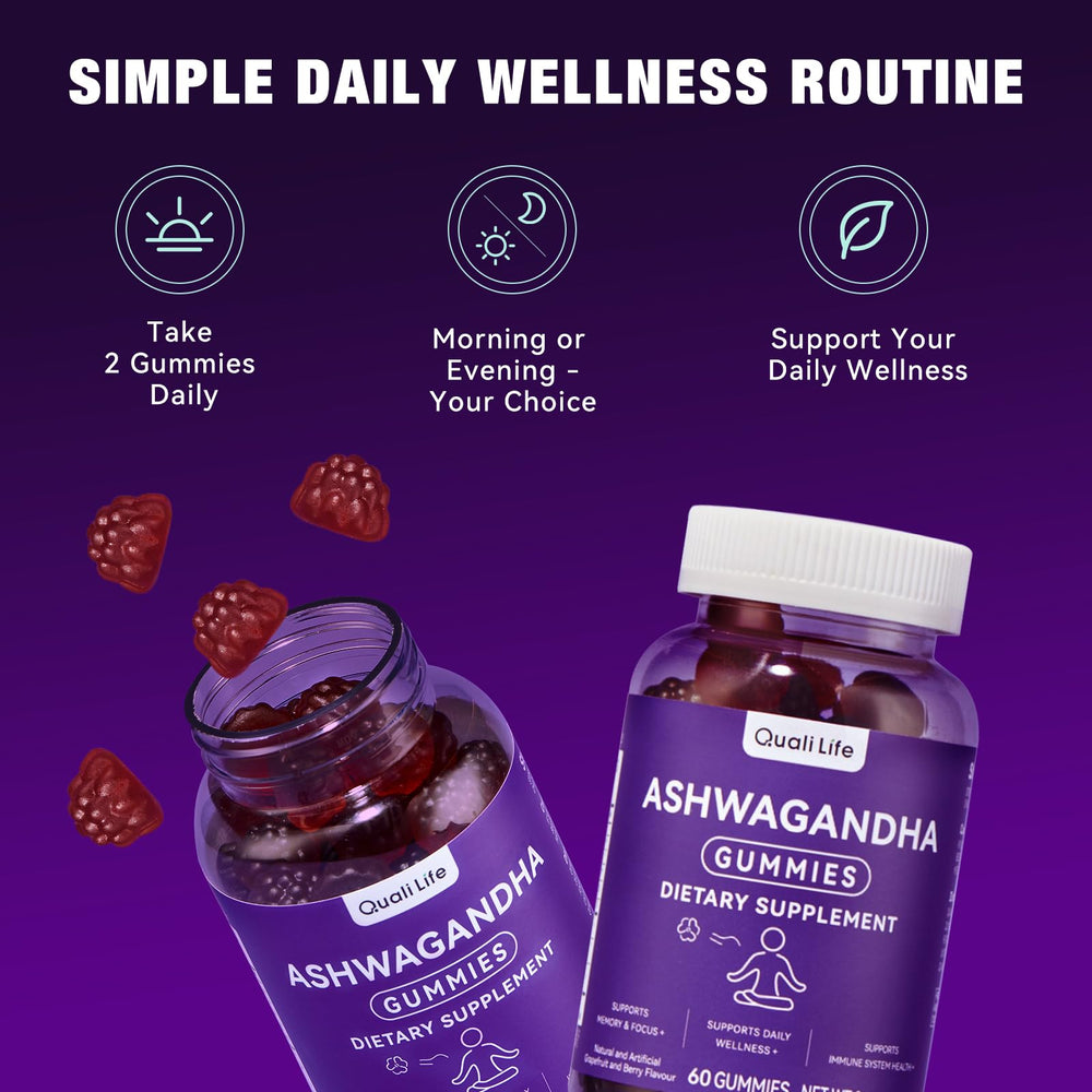 Close-up of QualiLife Ashwagandha Gummies with grapefruit berry color