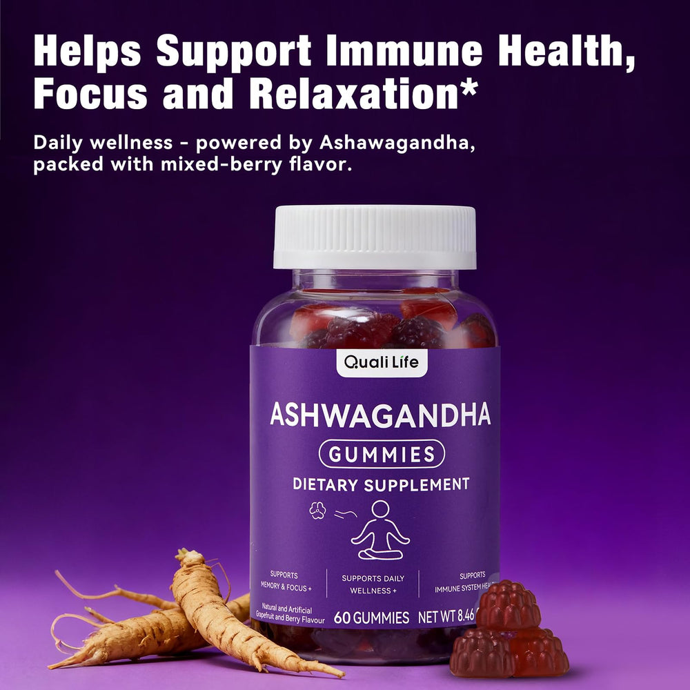 Hand reaching for QualiLife Ashwagandha Gummies to support daily balance