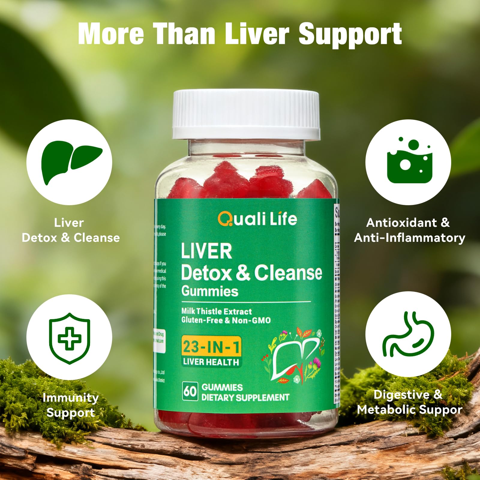 QualiLife Liver Detox Gummies bottle label showing 60 gummies and milk thistle emphasis.