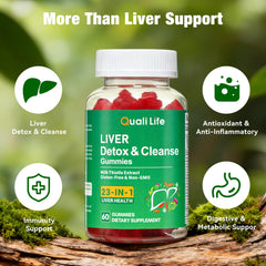 QualiLife Liver Detox Gummies bottle label showing 60 gummies and milk thistle emphasis.