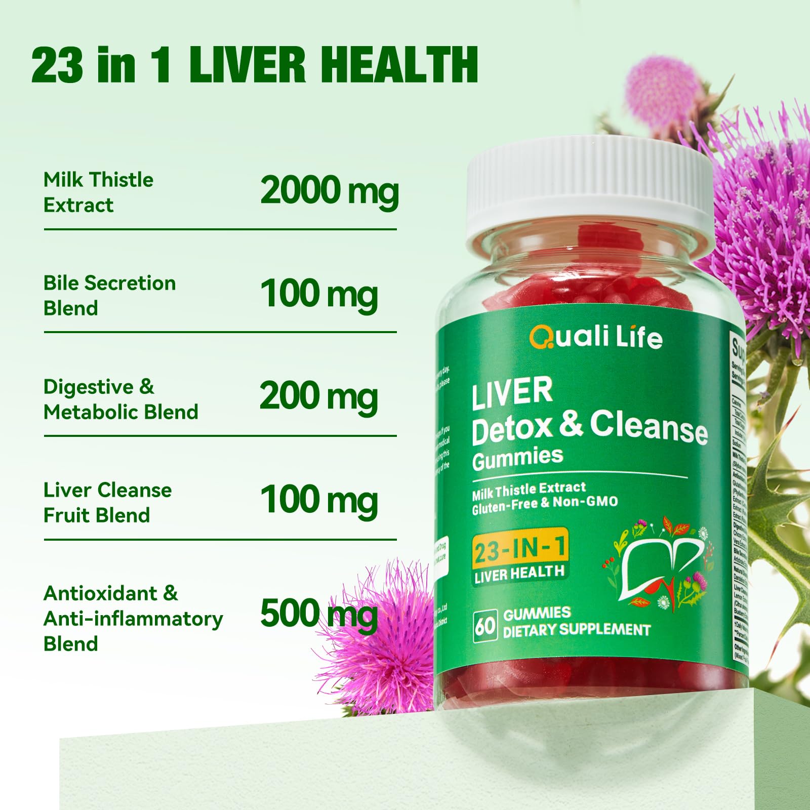 GMP-certified vegan production badge on QualiLife Liver Detox Gummies packaging.
