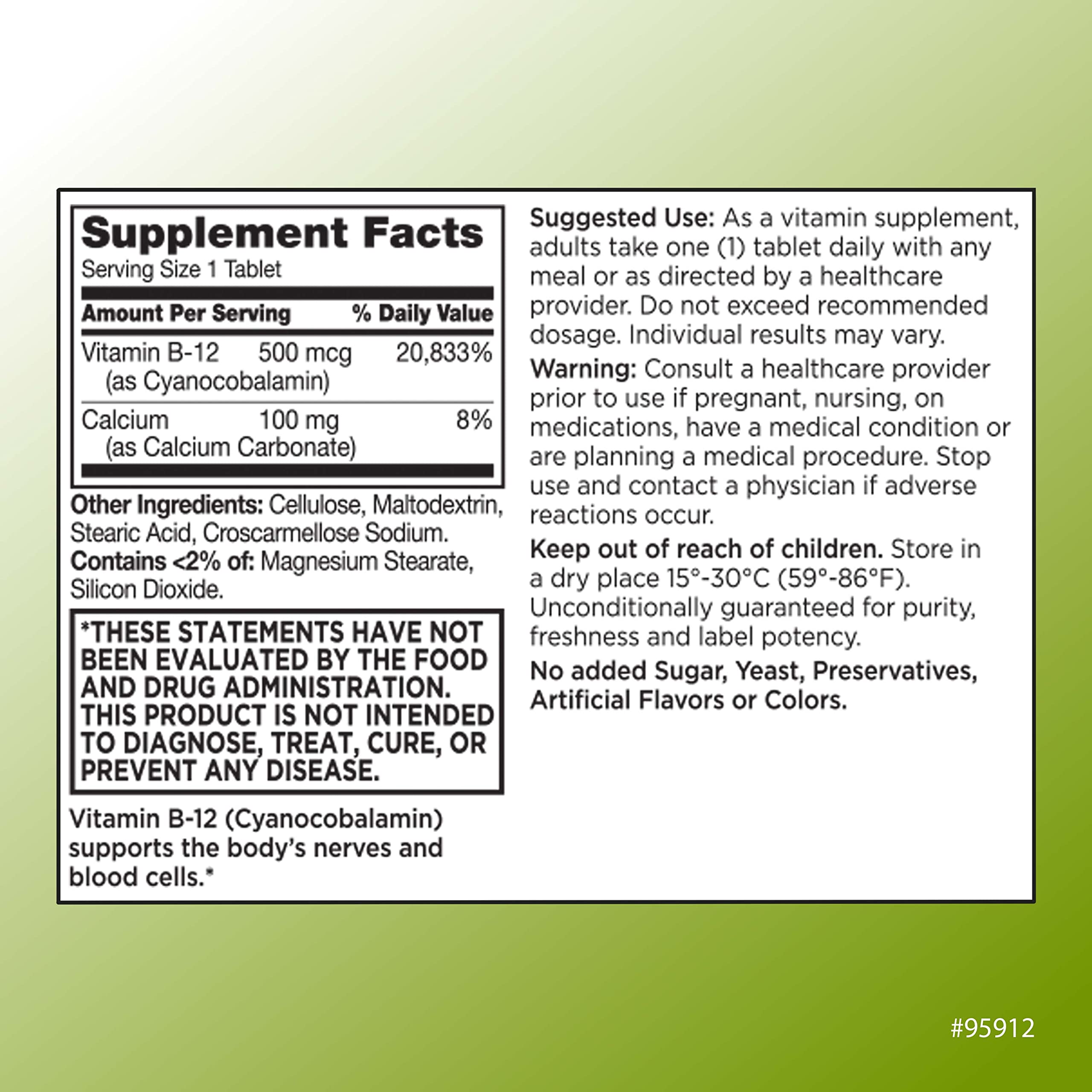 Quality Choice B12 tablets close-up highlighting 500 mcg and supplement details for vitality