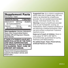 Quality Choice B12 tablets close-up highlighting 500 mcg and supplement details for vitality