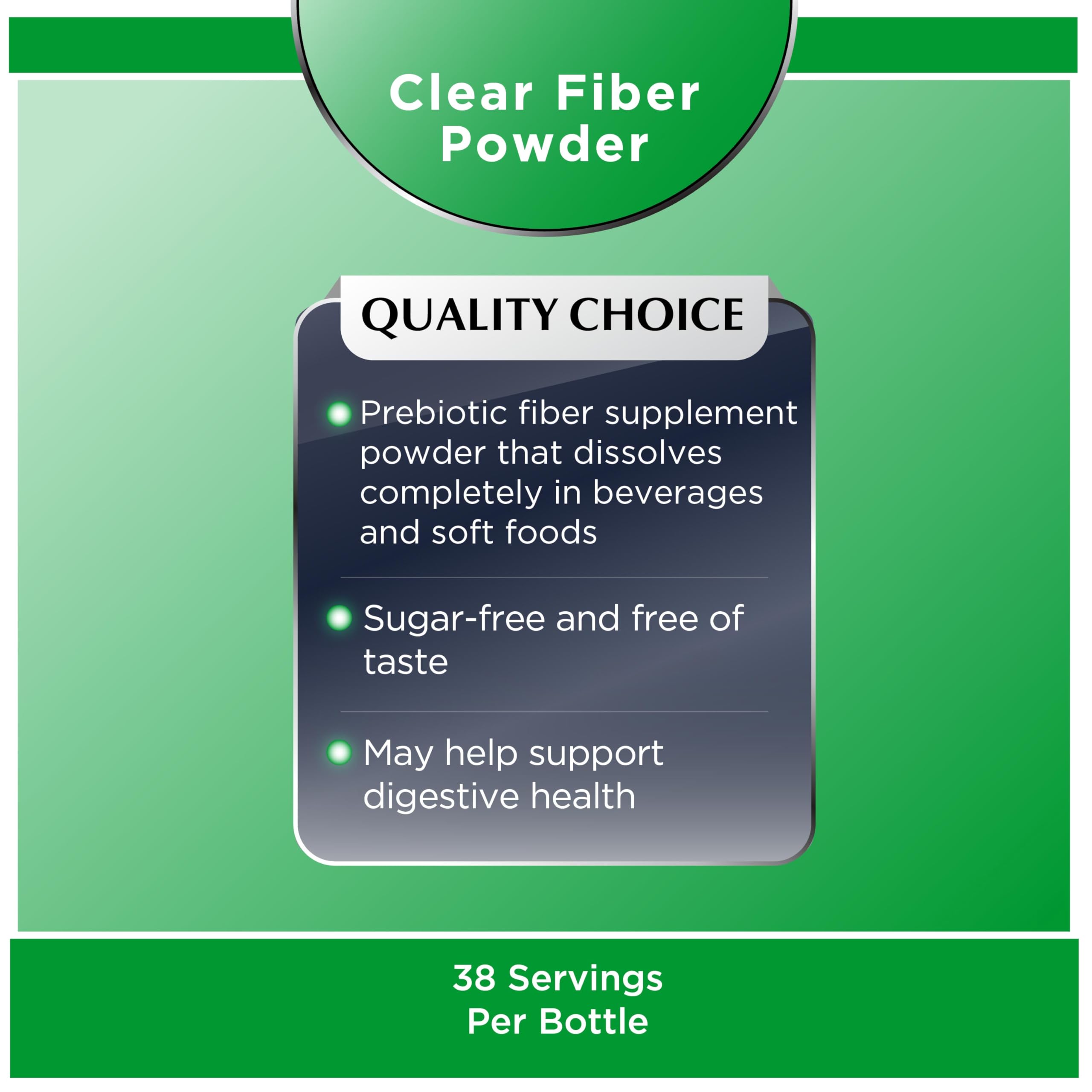 Quality Choice Clear Prebiotic Fiber powder pouring into a glass for tasteless enrichment