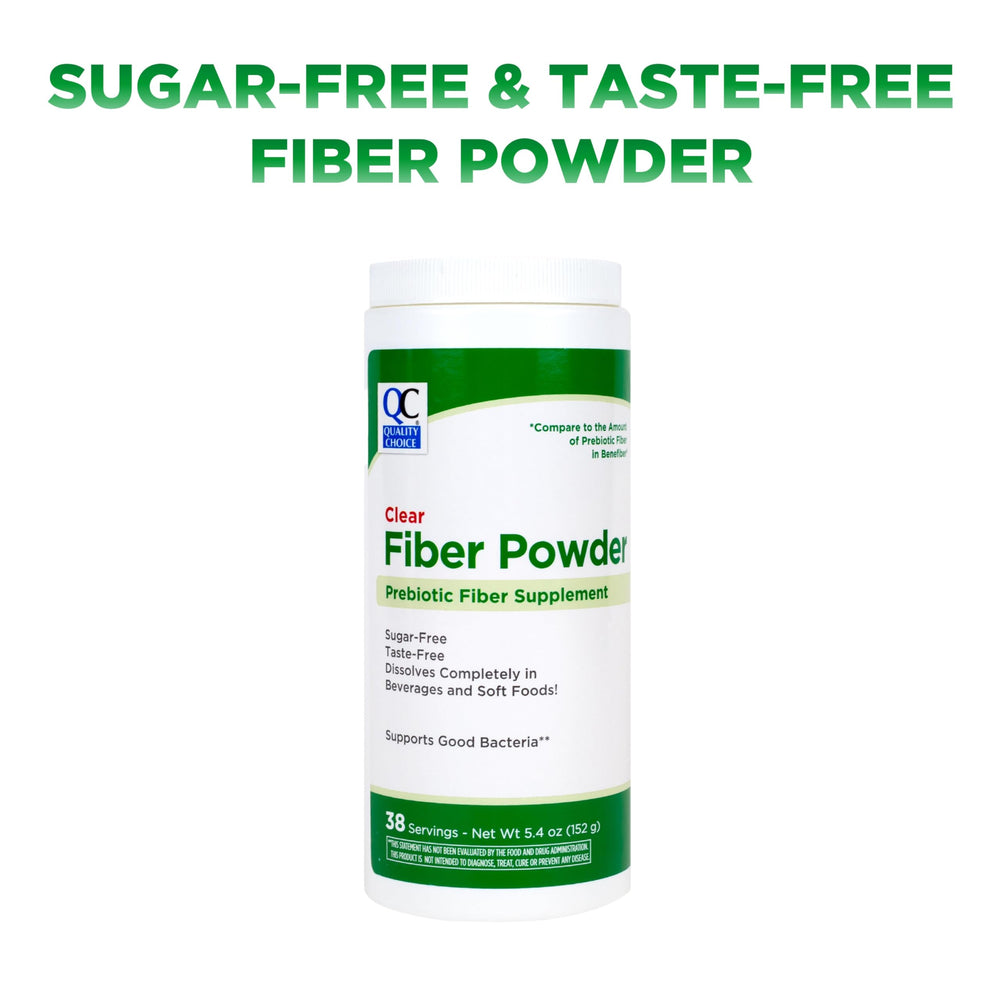 Quality Choice Clear Prebiotic Fiber powder stirred into tea for flavor-neutral fiber