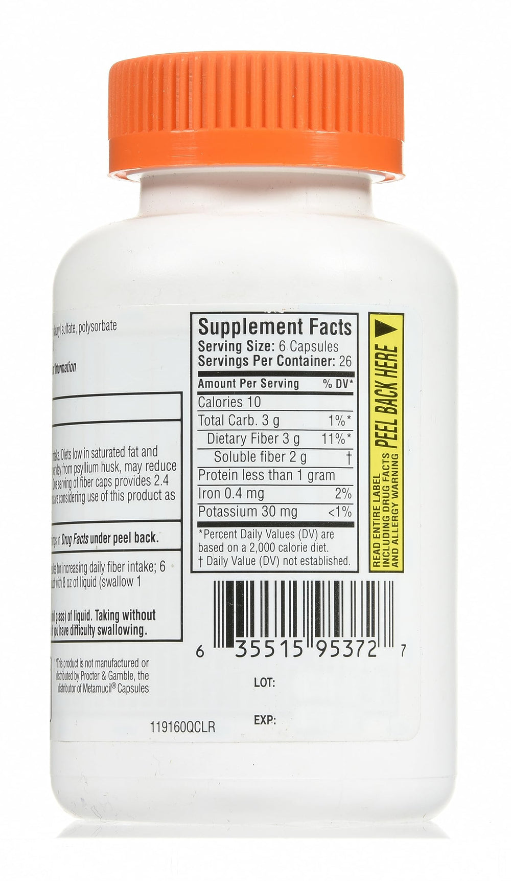 Quality Choice Daily Fiber Capsules nutrition facts panel captures bottle contents at a glance.