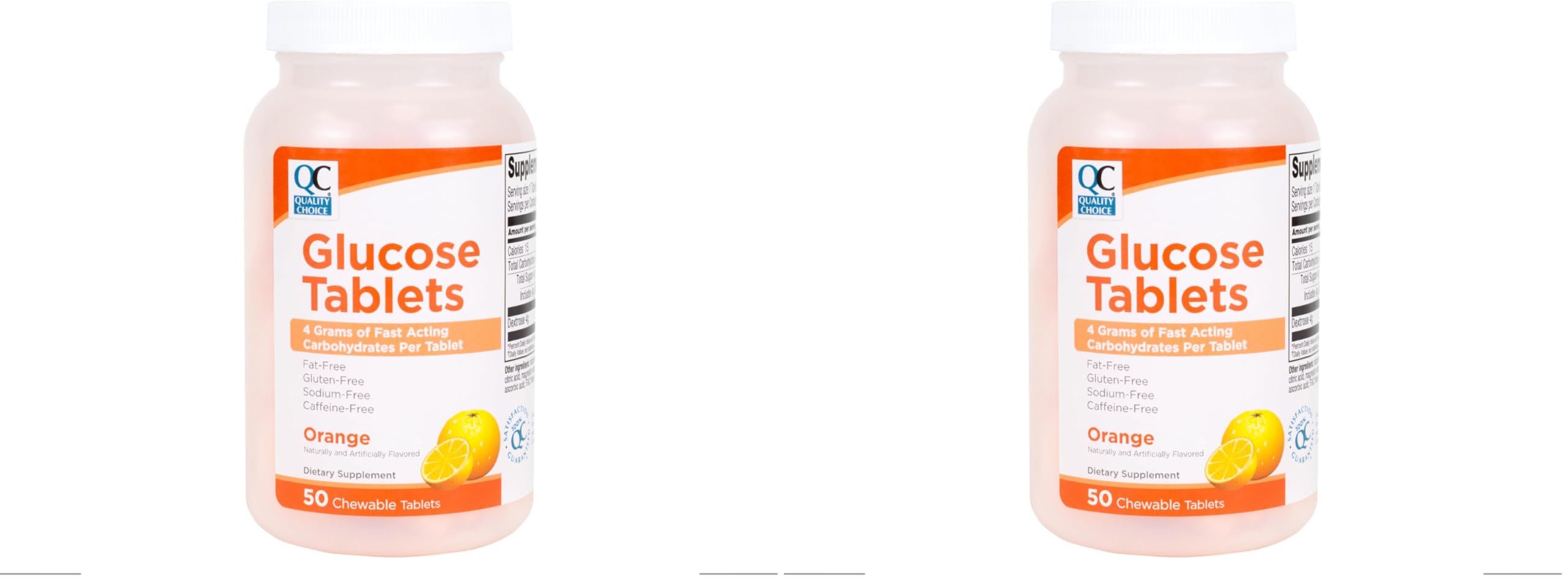 Quality Choice orange glucose tablets bottle for on-the-go, fast-acting support.