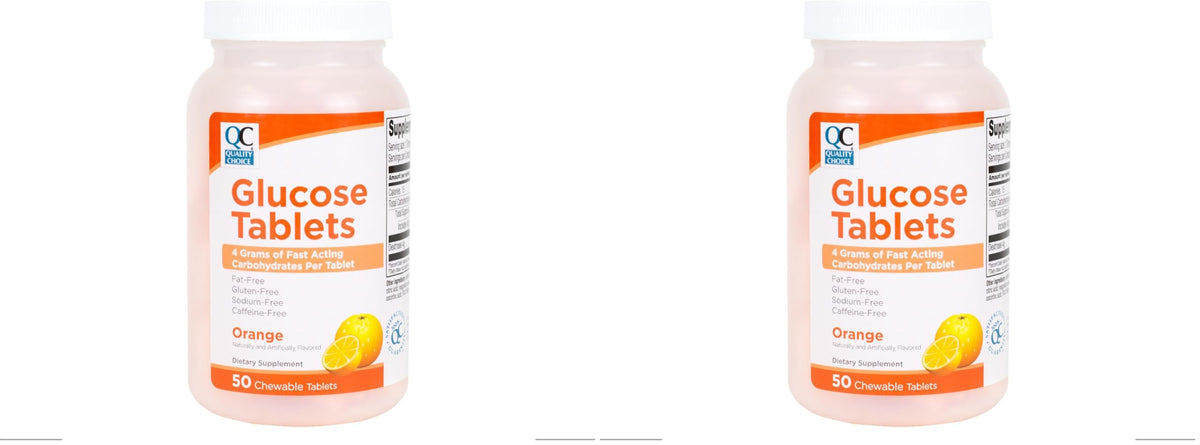 Quality Choice orange glucose tablets bottle for on-the-go, fast-acting support.