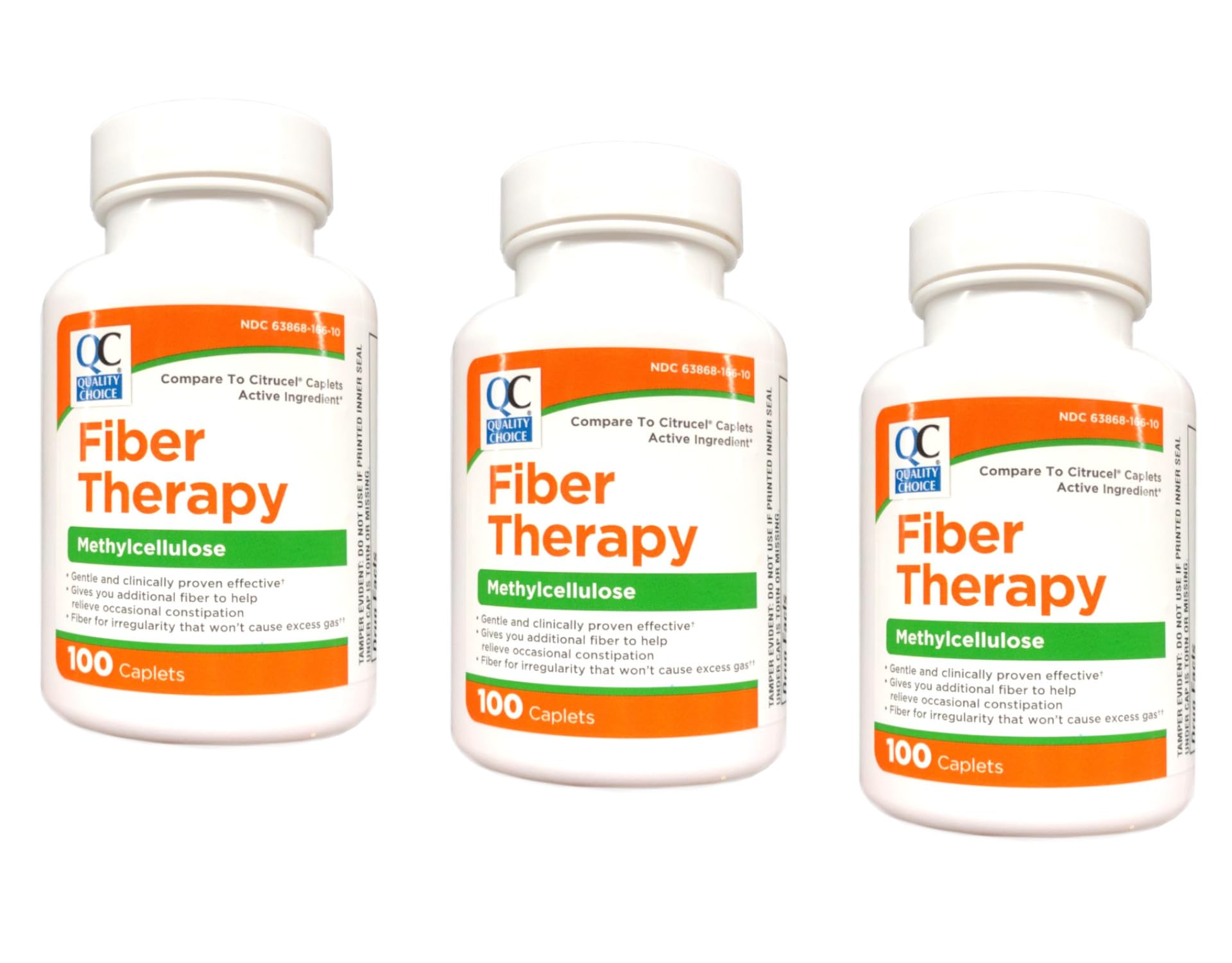 Quality Choice Fiber Therapy caplets pack, convenient three-pack for regular use.