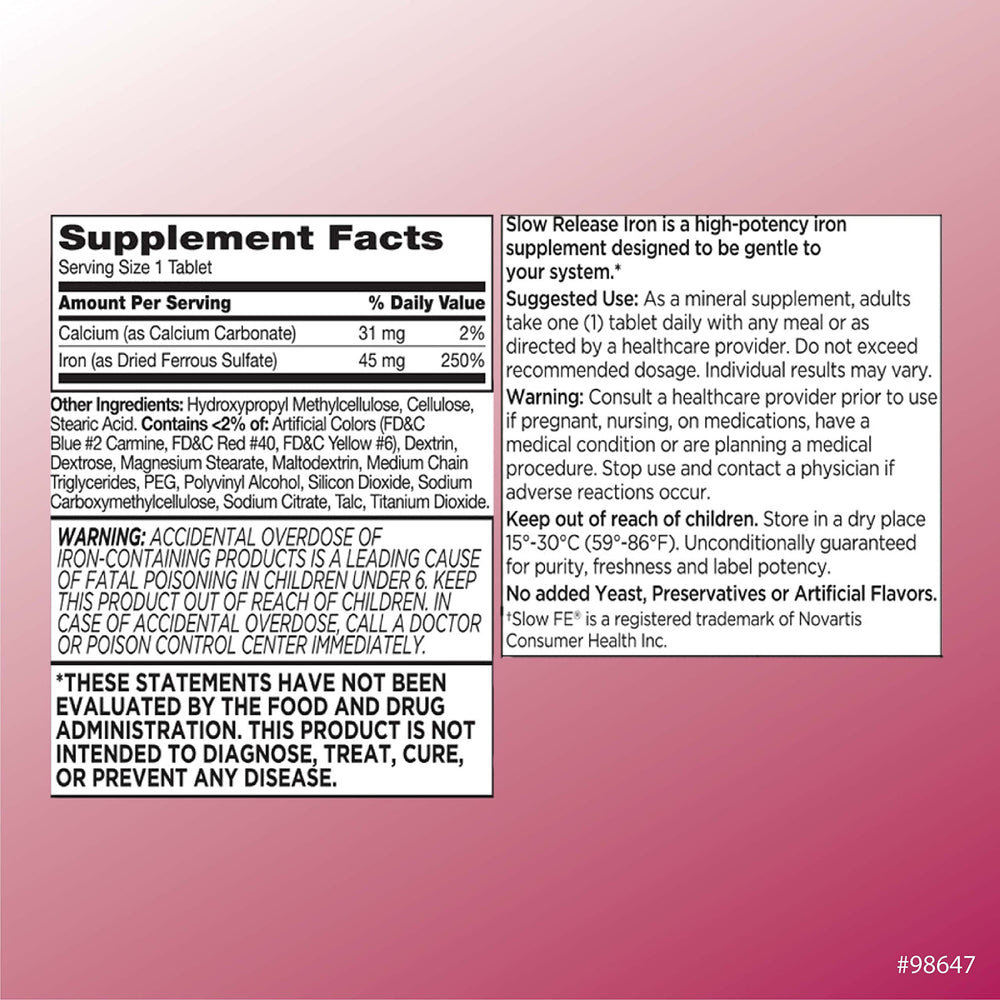 Quality Choice iron high-potency slow-release bottle side label detailing dosage and schedule