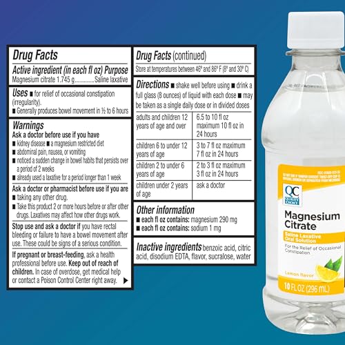 Quality Choice Magnesium Citrate liquid poured into glass demonstrating fast-acting relief.
