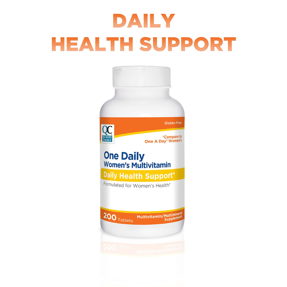 Quality Choice One Daily Women's Multivitamin nutrition label close-up showing essential nutrients.
