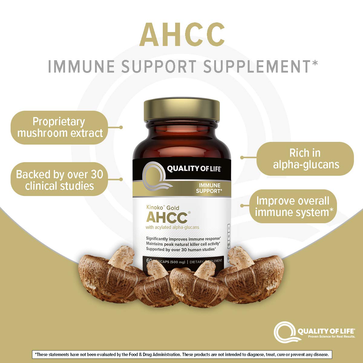 Quality of Life AHCC product label emphasizing GMP-certified production.