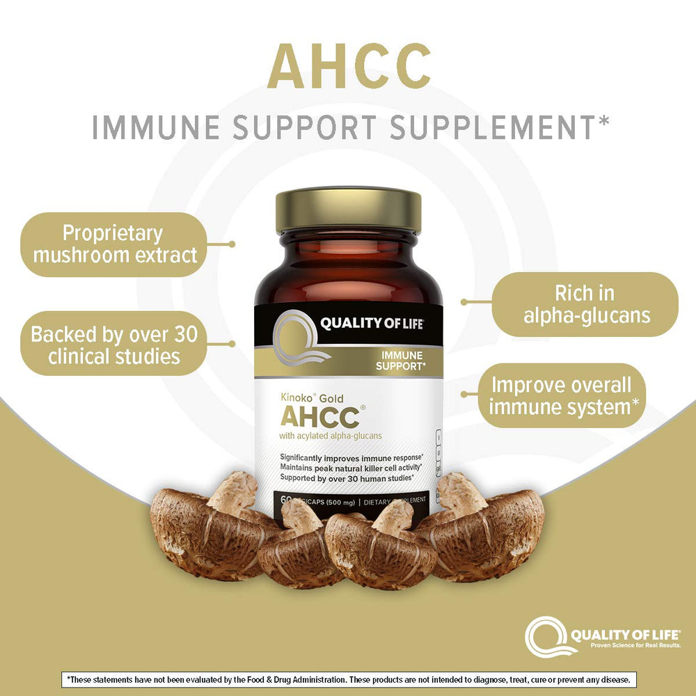Quality of Life AHCC product label emphasizing GMP-certified production.